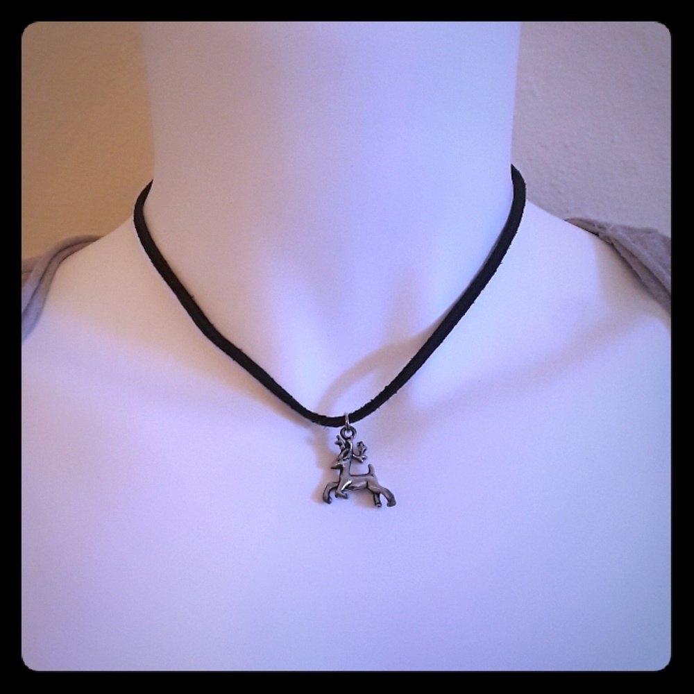Black suede dear charm necklace